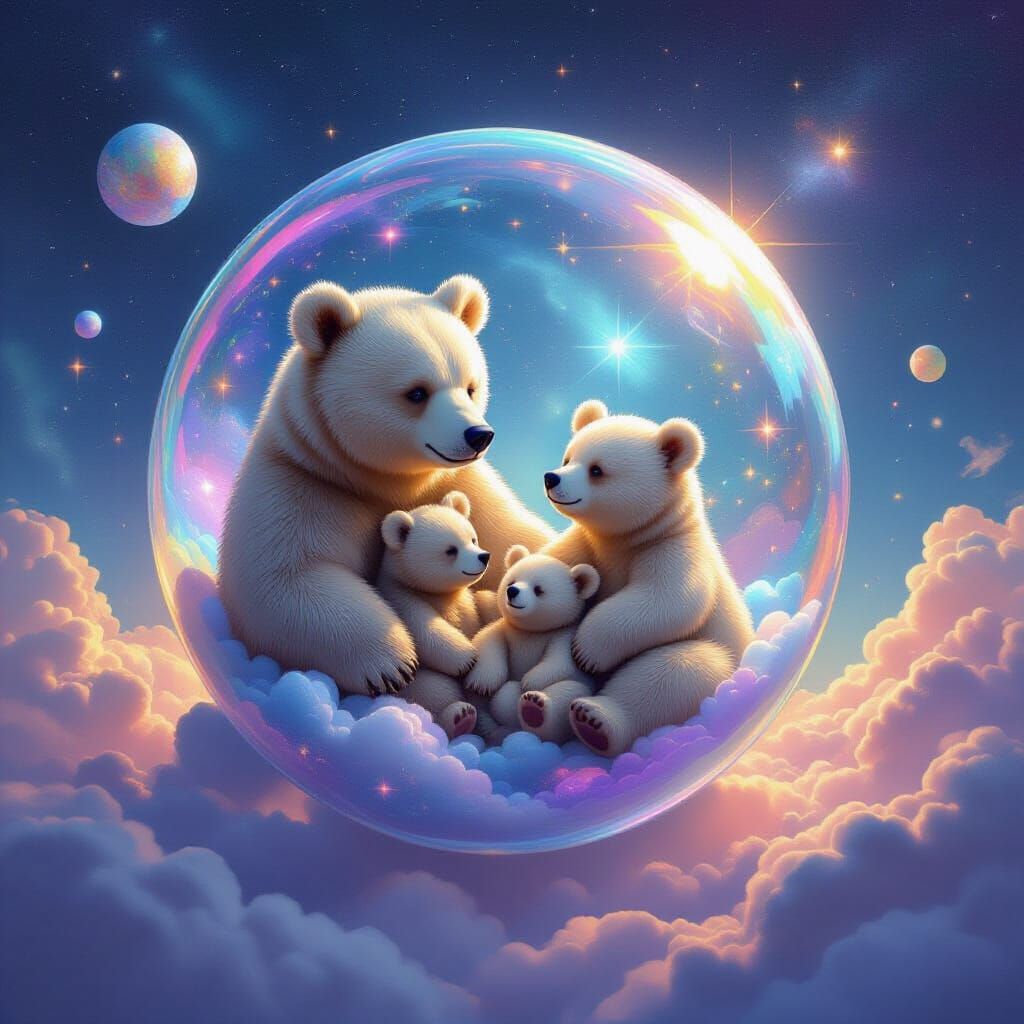 Bear Family in Space Bubble: Holographic Illustration