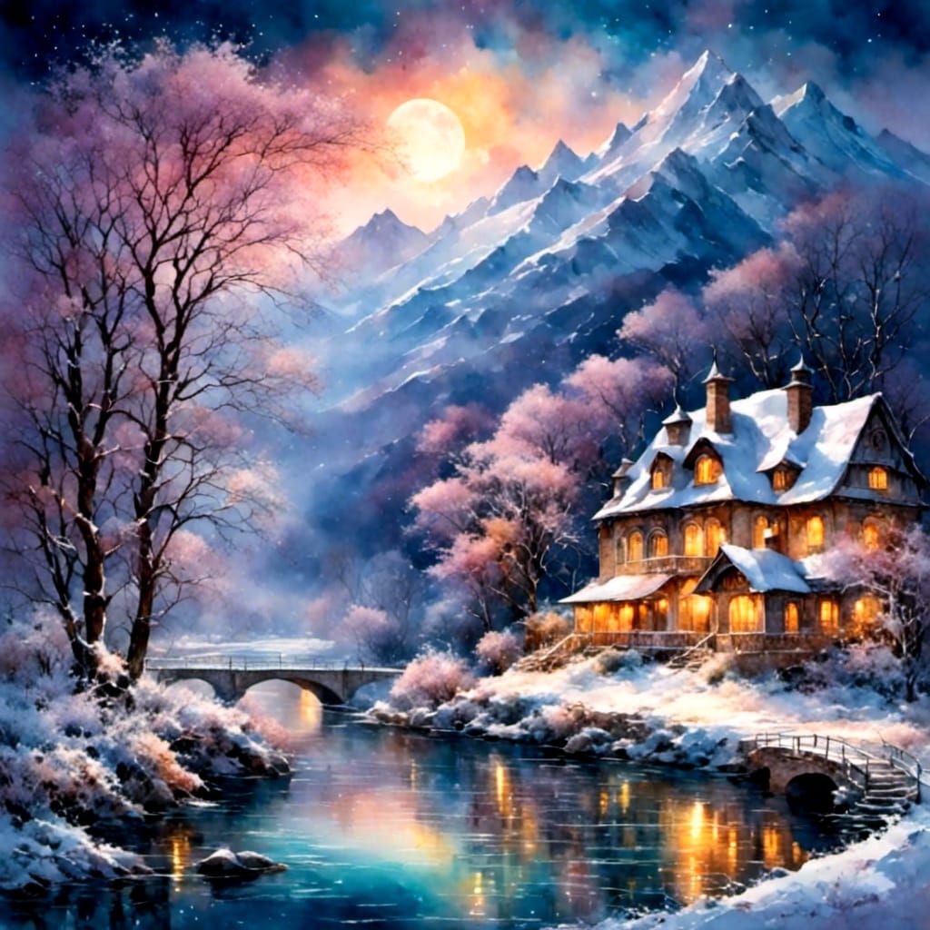 Moonlit Winter Riverscape Reflecting Starry Night