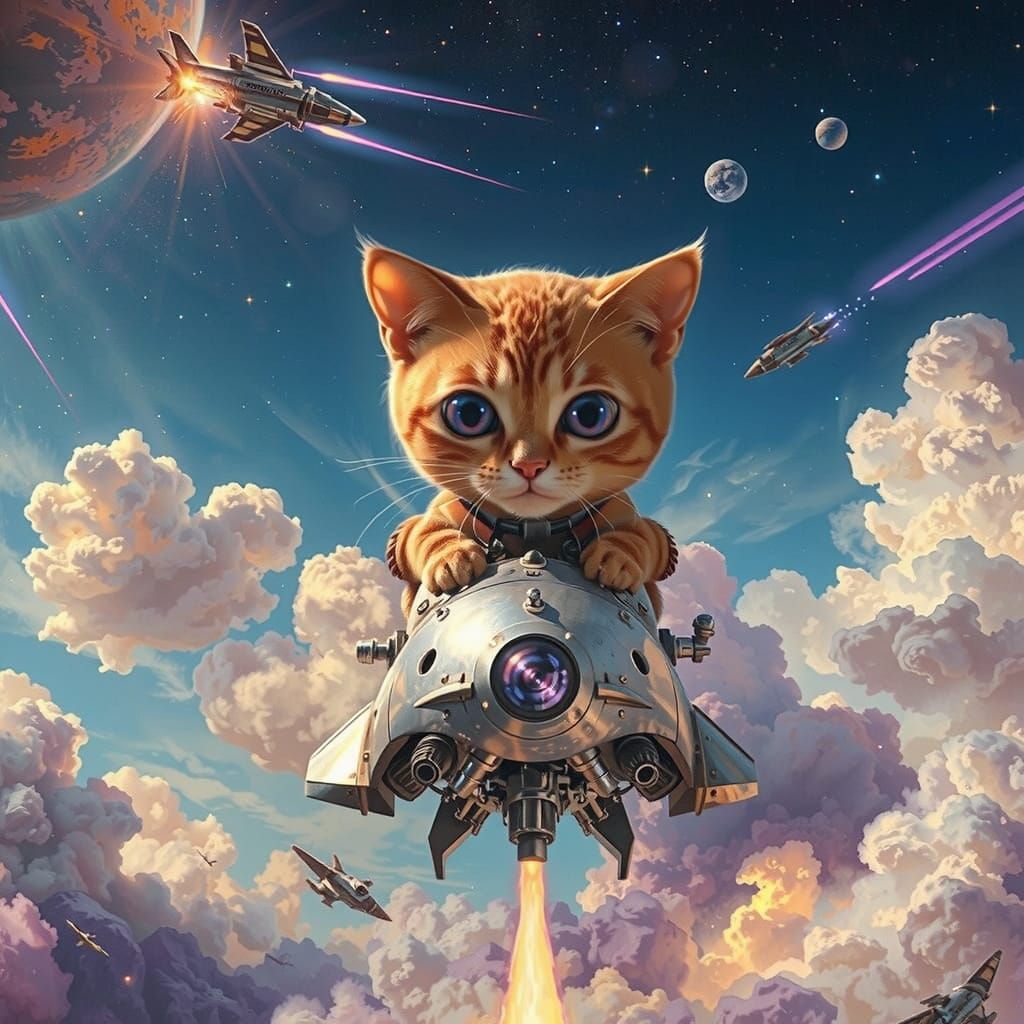 Cat Astronaut Blasting Off in Surreal Steampunk Style
