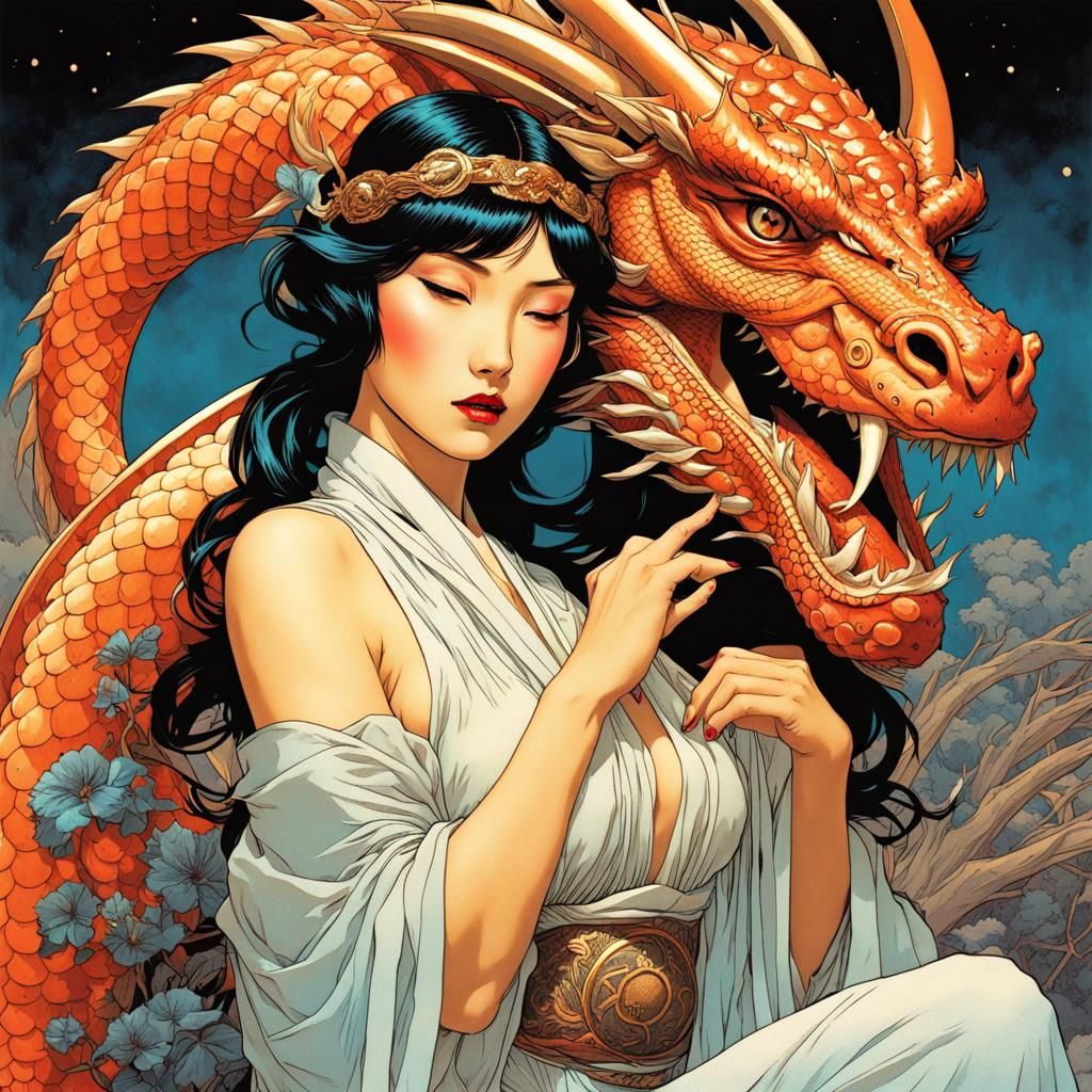 Japanese Pin-Up Girl with Dragon in Art Nouveau Style