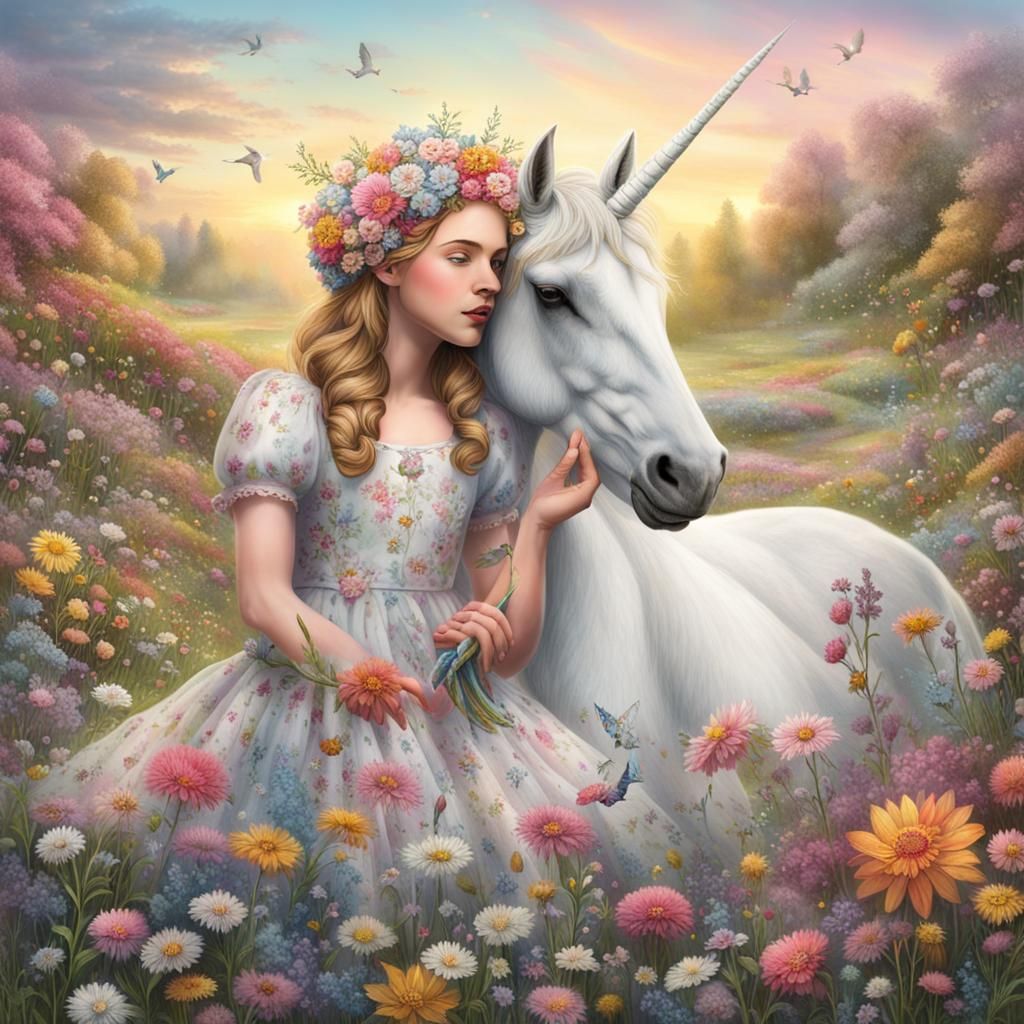 Maiden and Unicorn in Flower Meadow