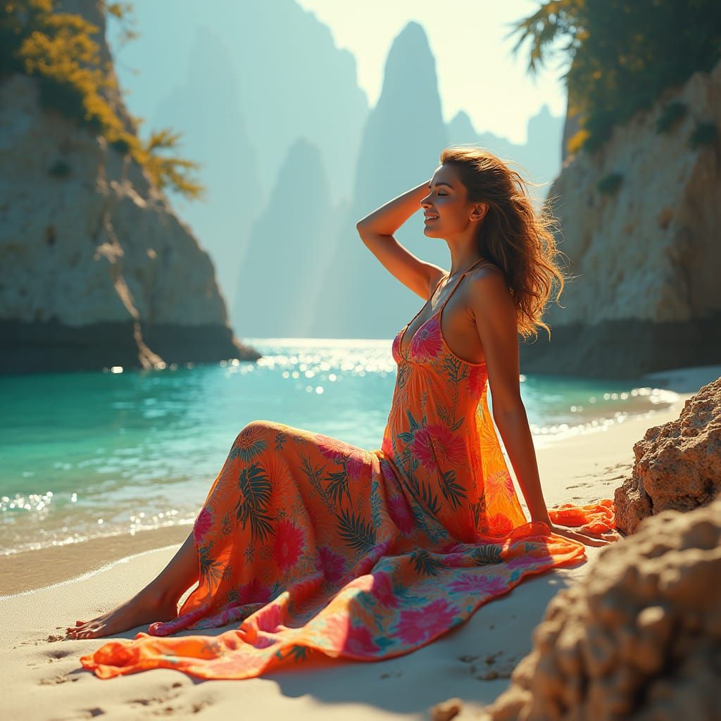 Woman Sunbathing on Surreal Dreamlike Shoreline