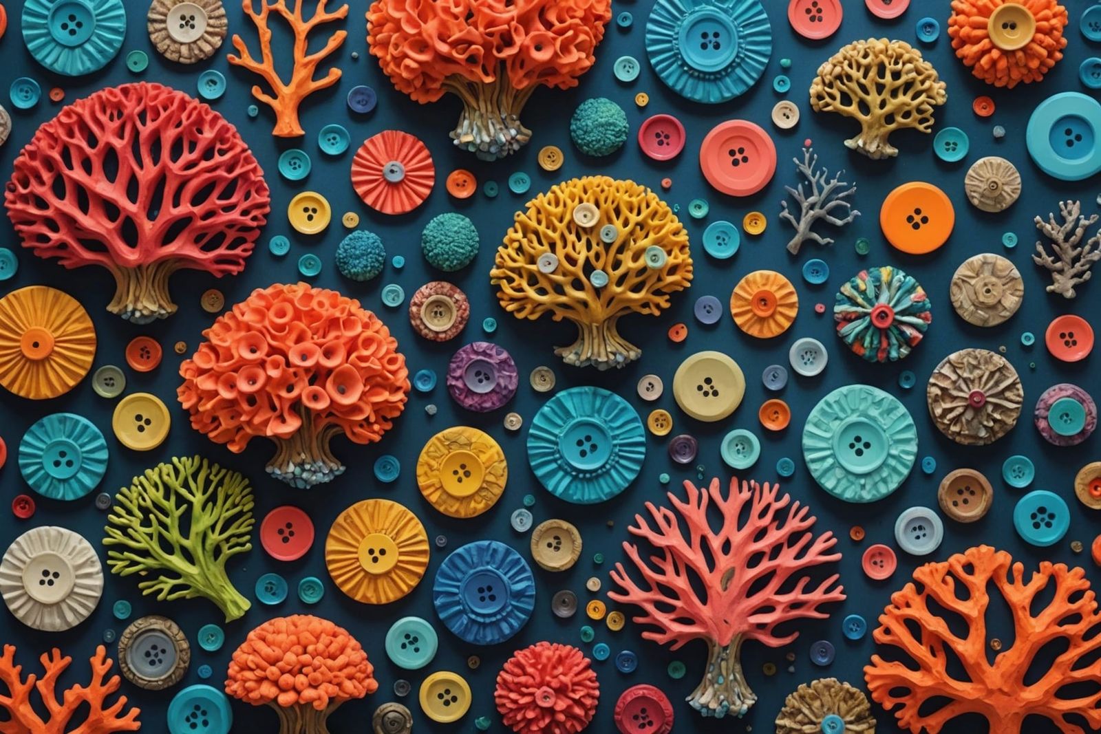 Underwater Coral Reef with Buttons in Impasto Style