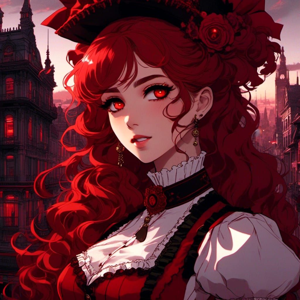 Sinister Redhead in Glitchcore Victorian Cityscape