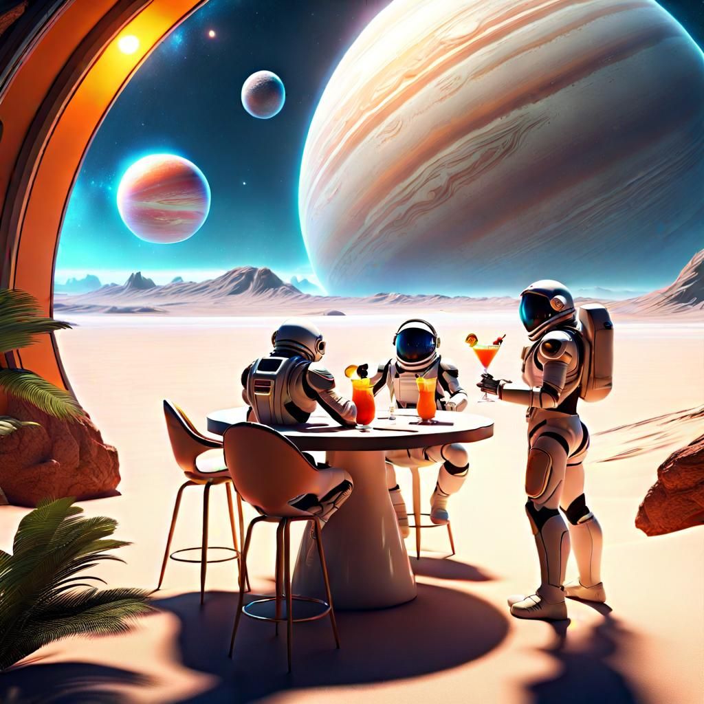 Space Tourist Resort with Ringed Planet View