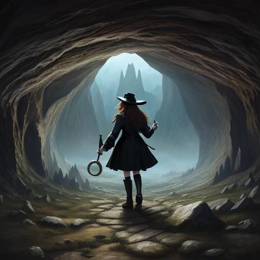 Young Witch in Cavern with Magical Wand