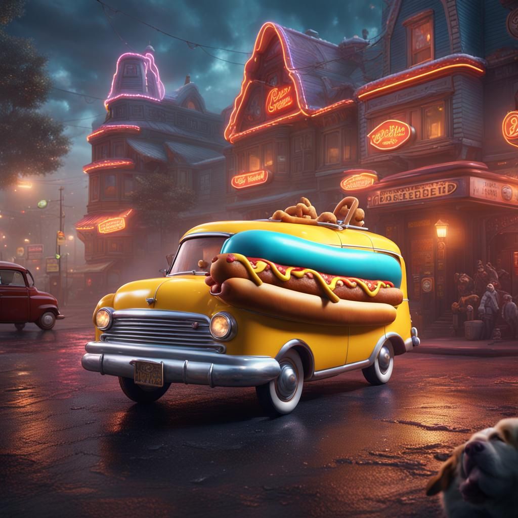 Hot Dog Dog Driving a Car, Detailed Digital Art