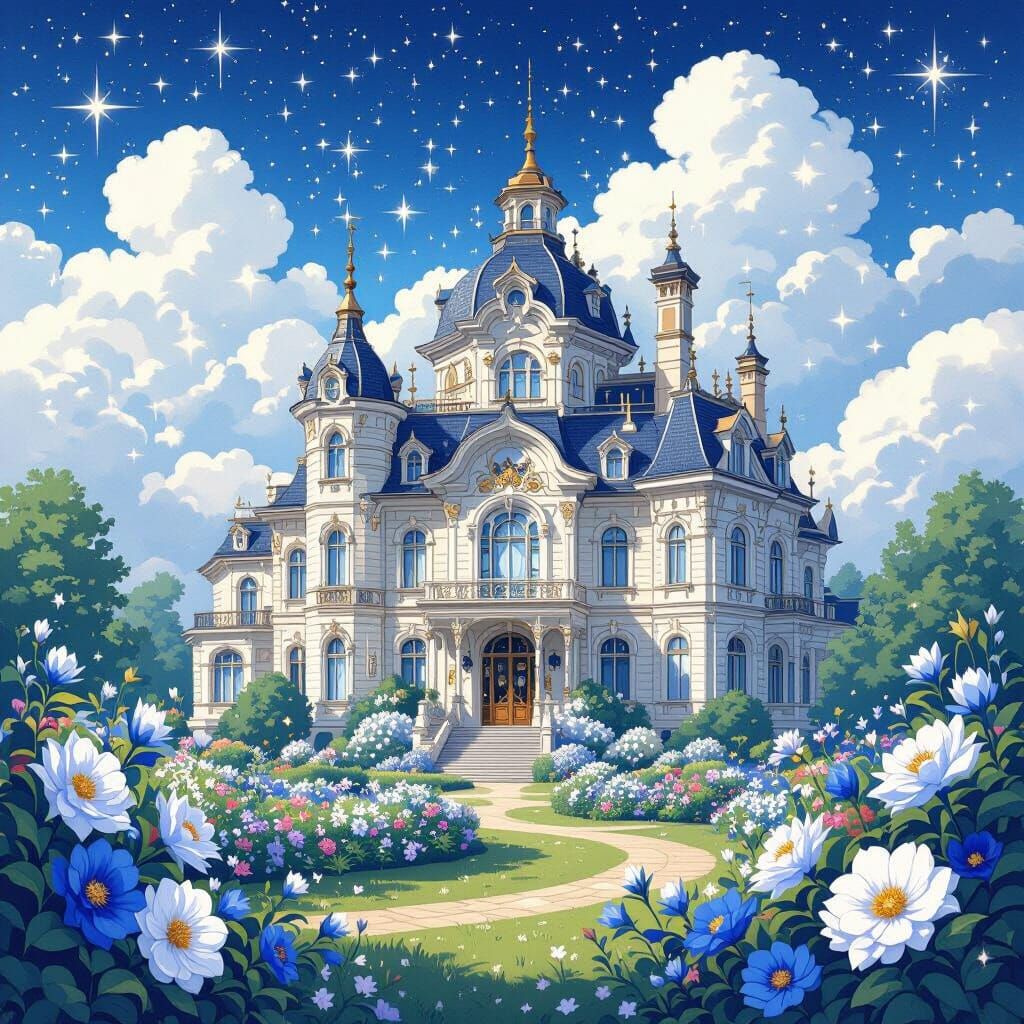 Anime Victorian Palace with Magical Blue Sparkles