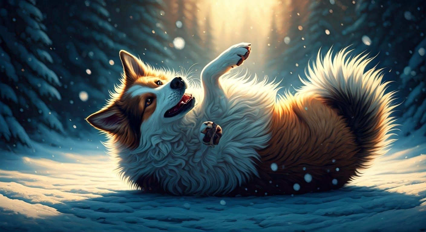 Dog Rolls in Winter Wonderland: Hyperrealistic 8K