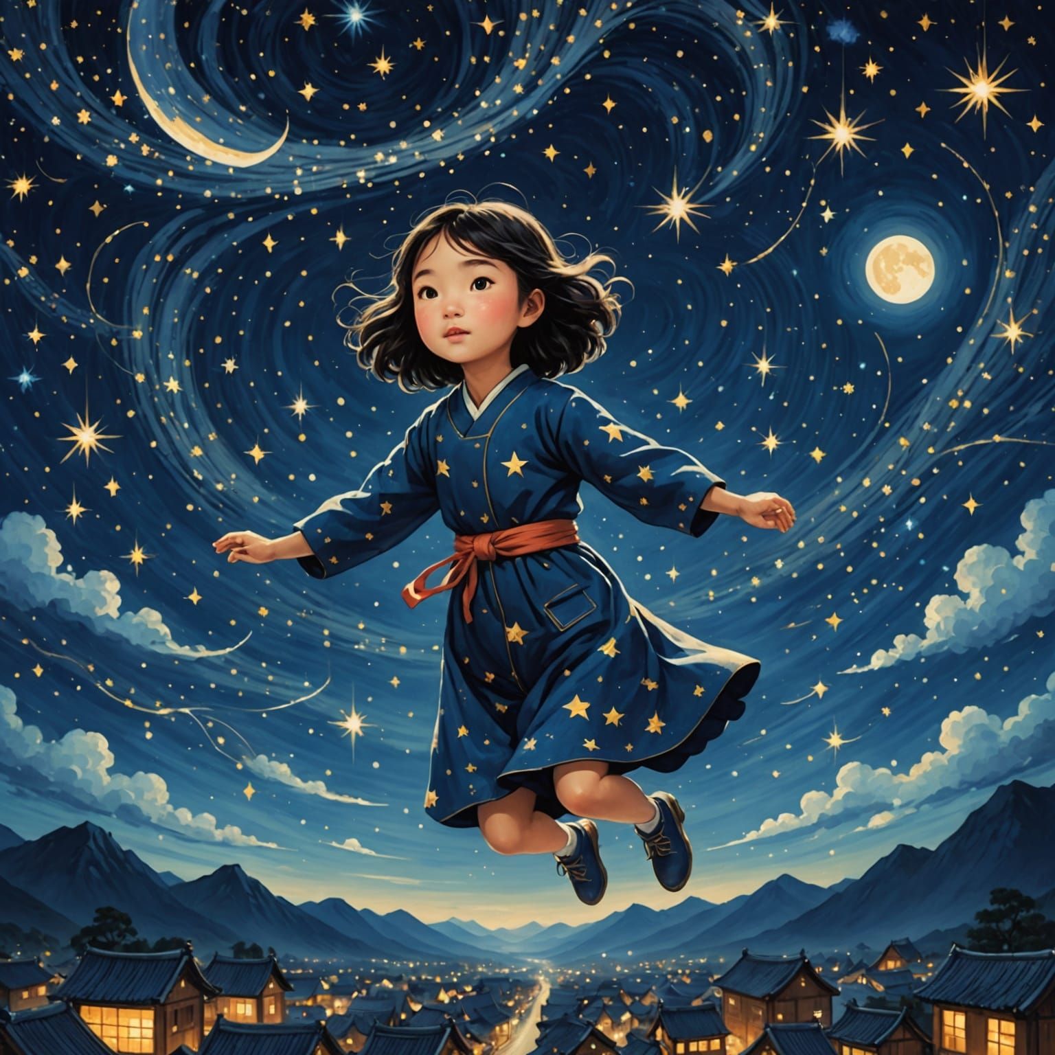 Asian Girl Soaring Through Starry Night Sky