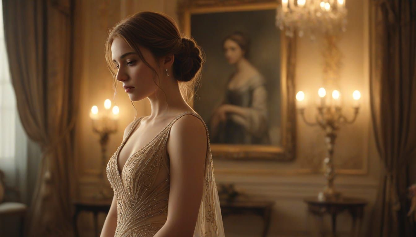 Elegant Woman in Evening Gown as Oil Painting