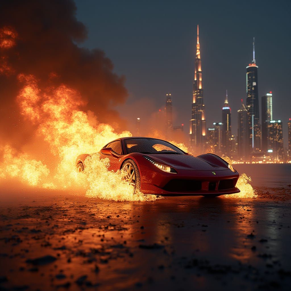 Ferrari Explodes in Dubai: Hyper-Realistic Cityscape
