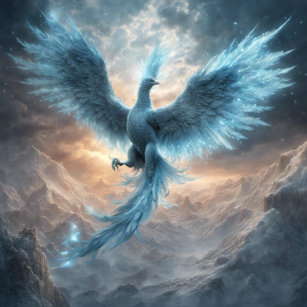 Icy Blue Phoenix in Celestial Sky: Digital Painting
