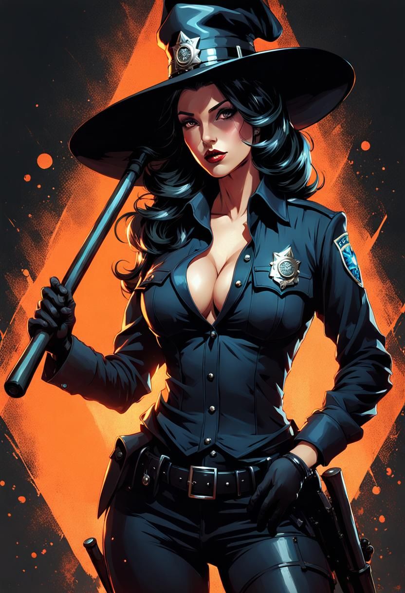 Pin-Up Police Officer Witch with Magic Baton