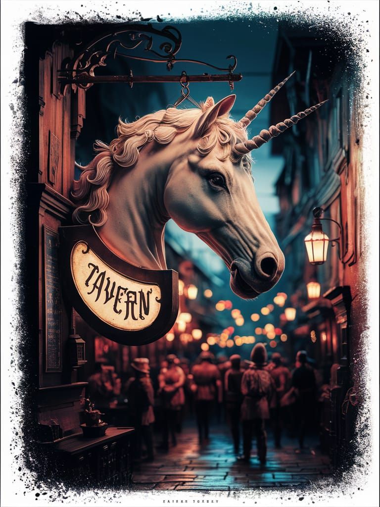 Majestic Unicorn Tavern Sign in Medieval Street Scene