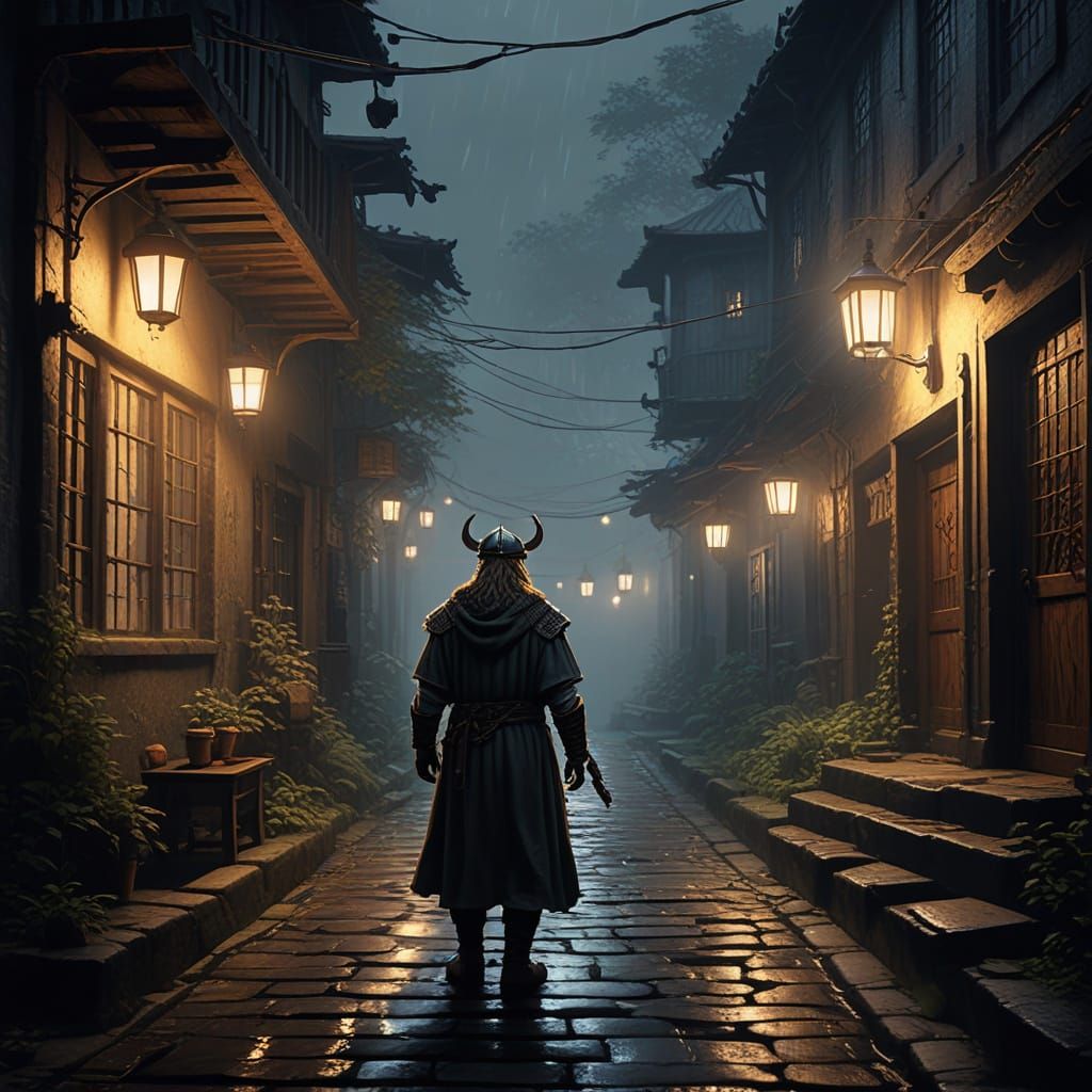 Viking Explorer in Misty Alleyway with Lanterns