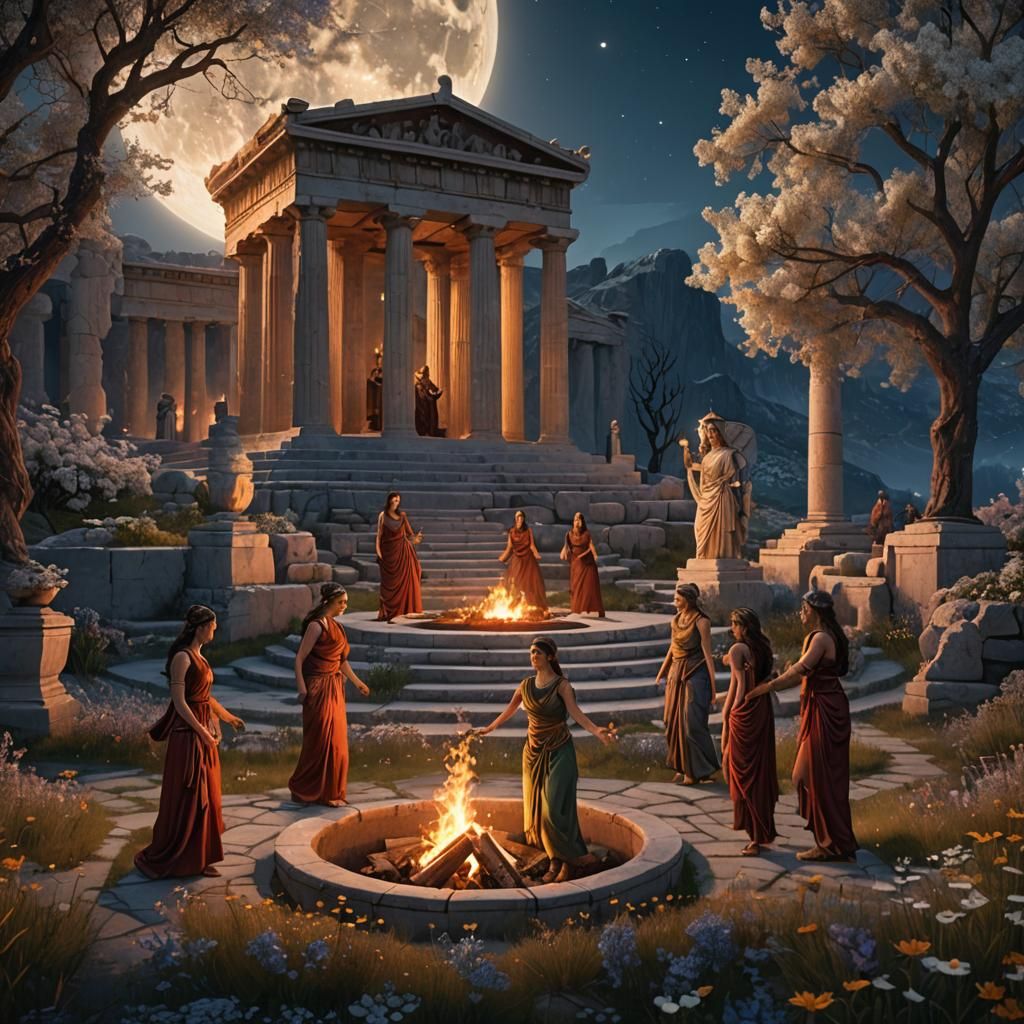 Sacred Greek Temple with Dancing Women, Detailed Matte Paint...