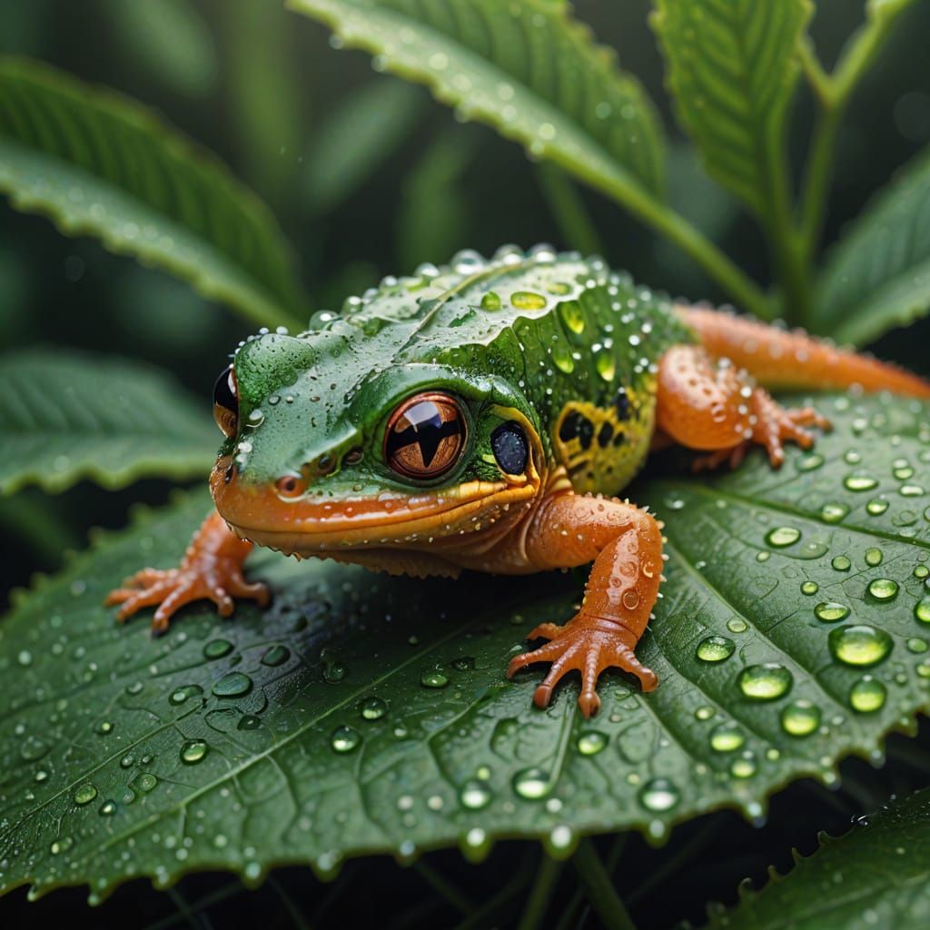 Hyperrealistic Newt on Leaf in Pastel Colors