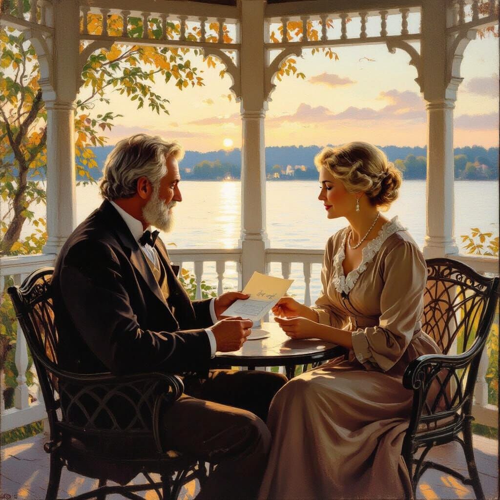 Romantic Oil Painting of Couple at Lake Geneva