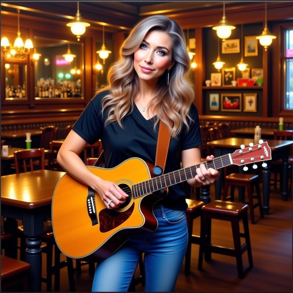 Impressionistic Oil Painting of Woman Singing in Tavern