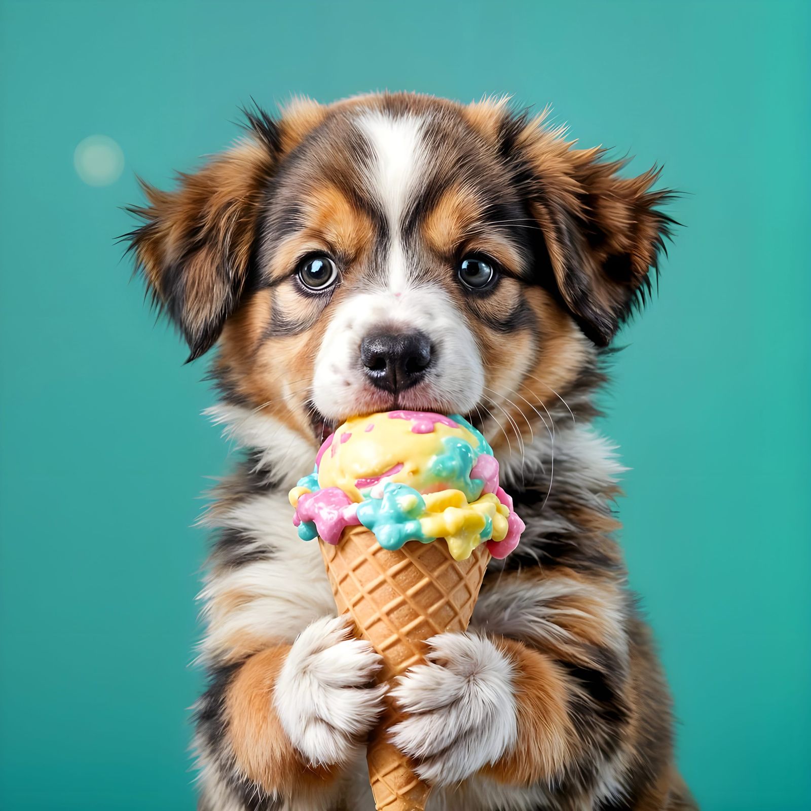Cute Puppy Licking Ice Cream Cone: Commercial Photo