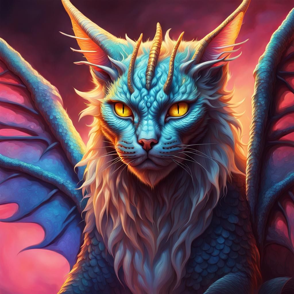 Dragon Cat with Horns and Wings in Hyperrealism