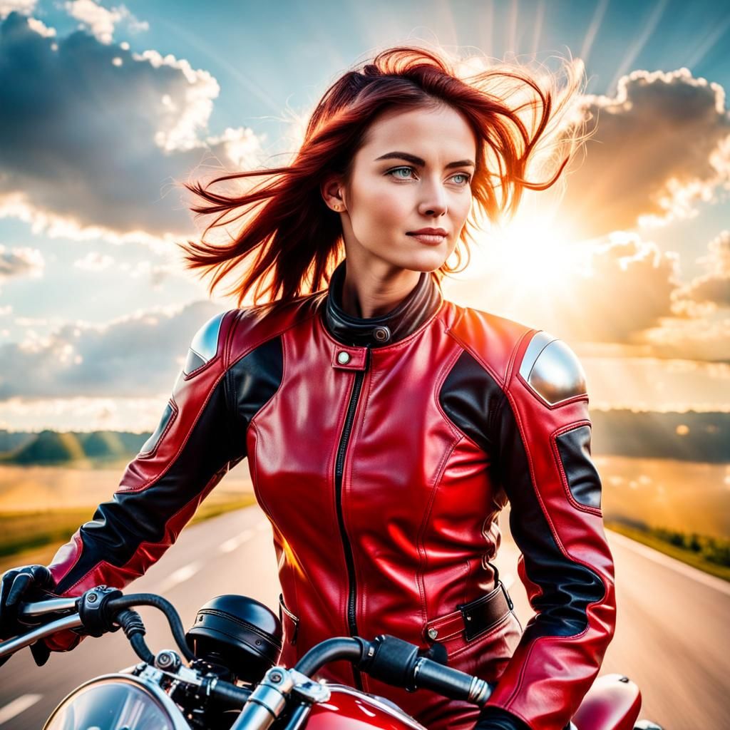Woman in Red Leather Suit in Divine Light