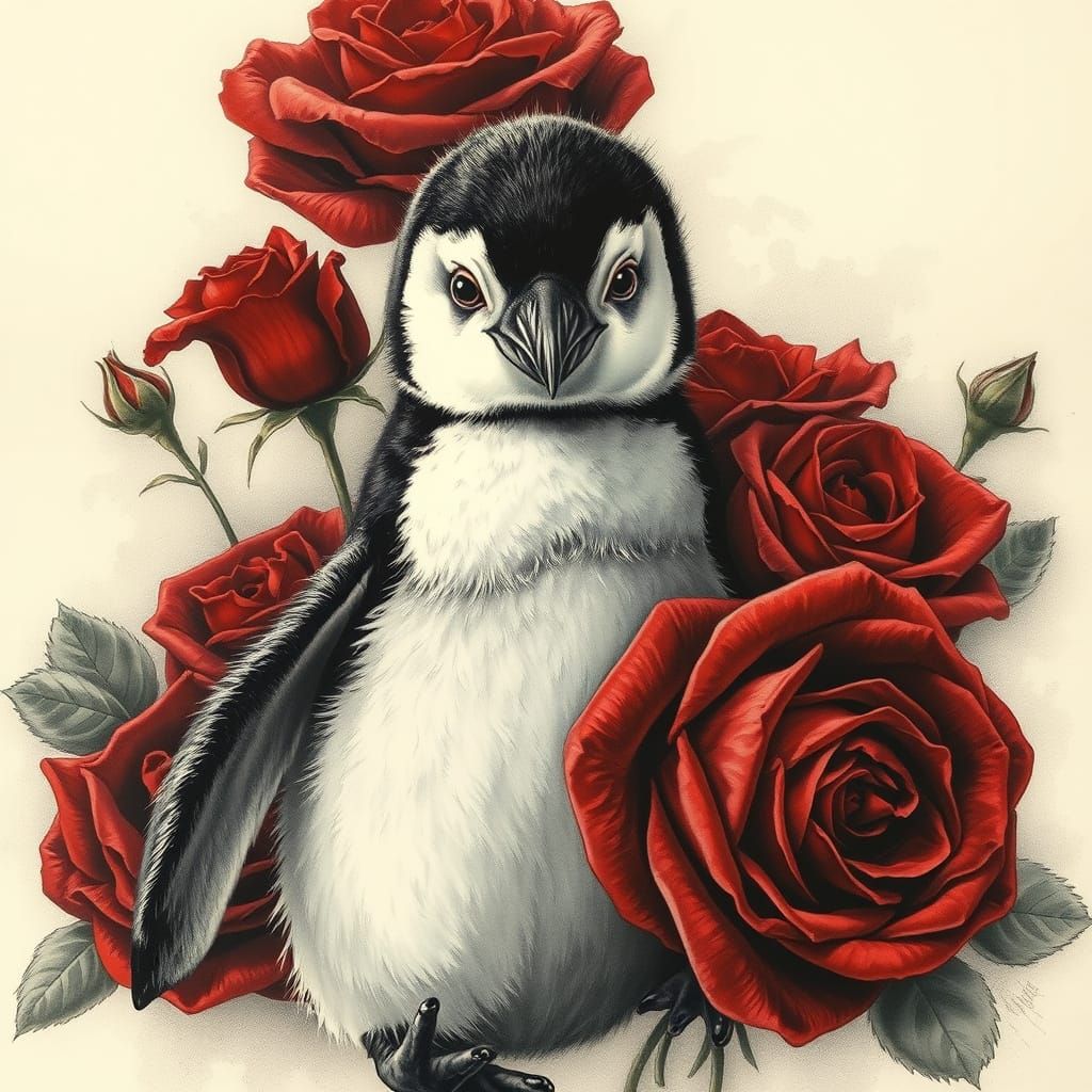 Realistic Charcoal Portrait of Baby Penguin with Roses in Et...