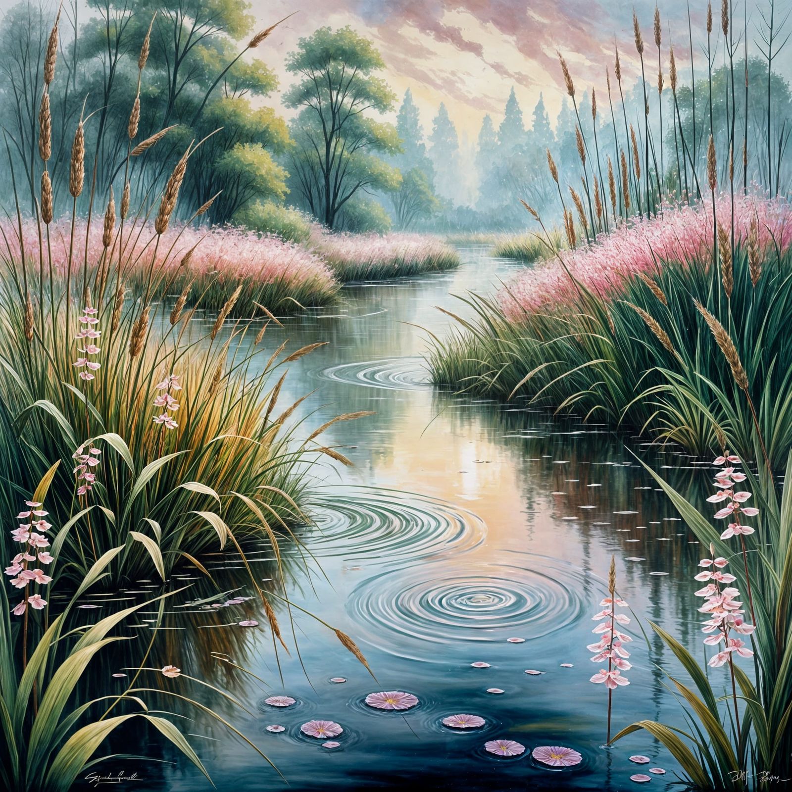 Stormy Stream with Raindrops and Pink Flowers