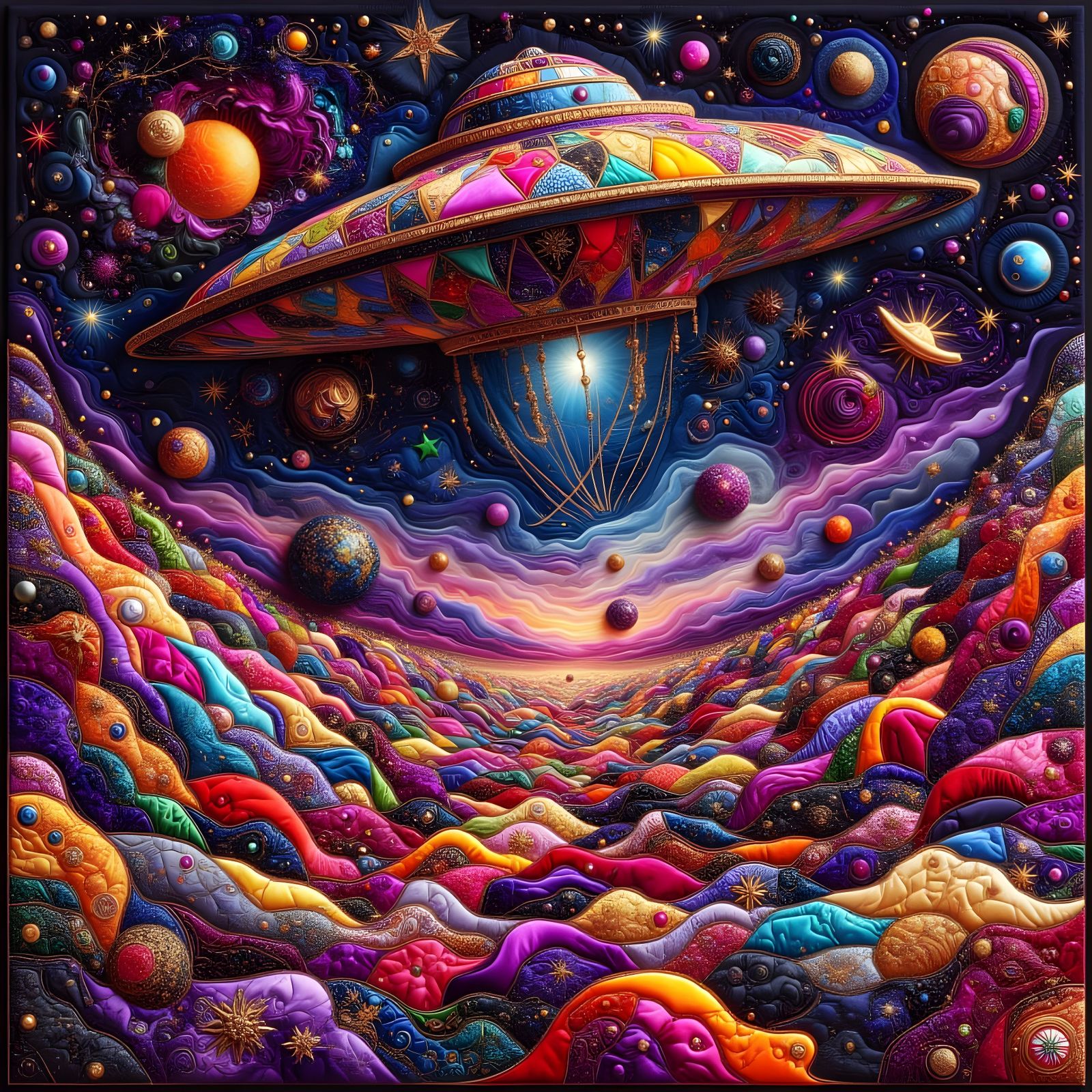 Crazy Quilted UFO Among Space Planets and Stars