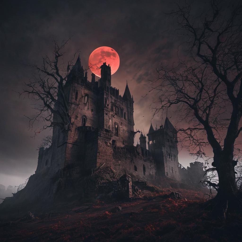 Ruined Castle Under Blood Moon in Dark Fantasy Landscape