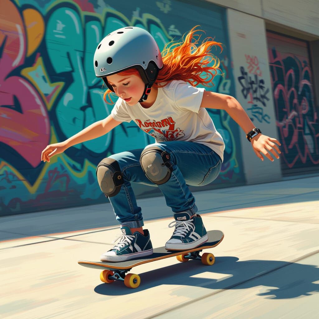 Redhead Girl Skateboarding with Dynamic Movement