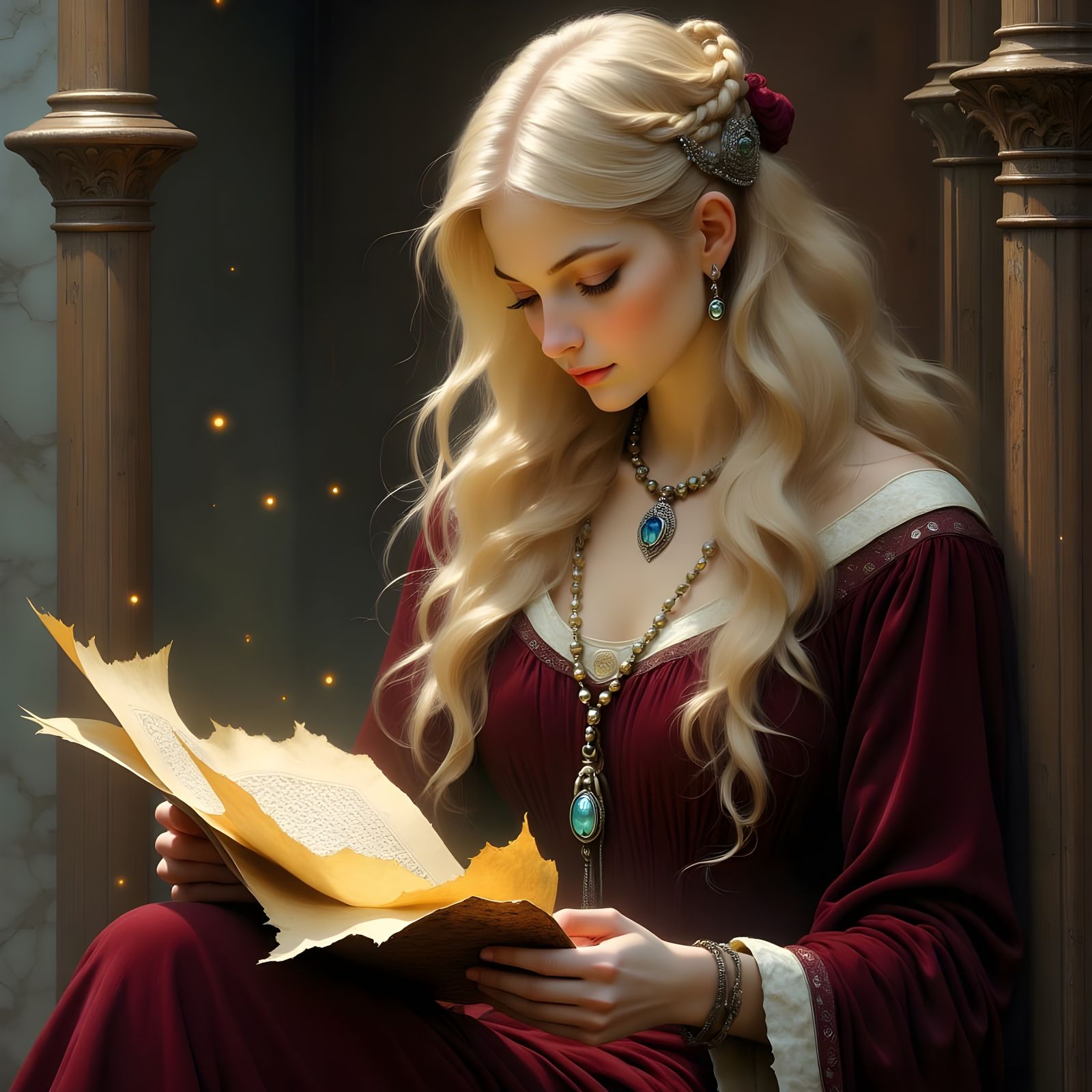 Ethereal Norse Goddess Examines Ancient Parchment
