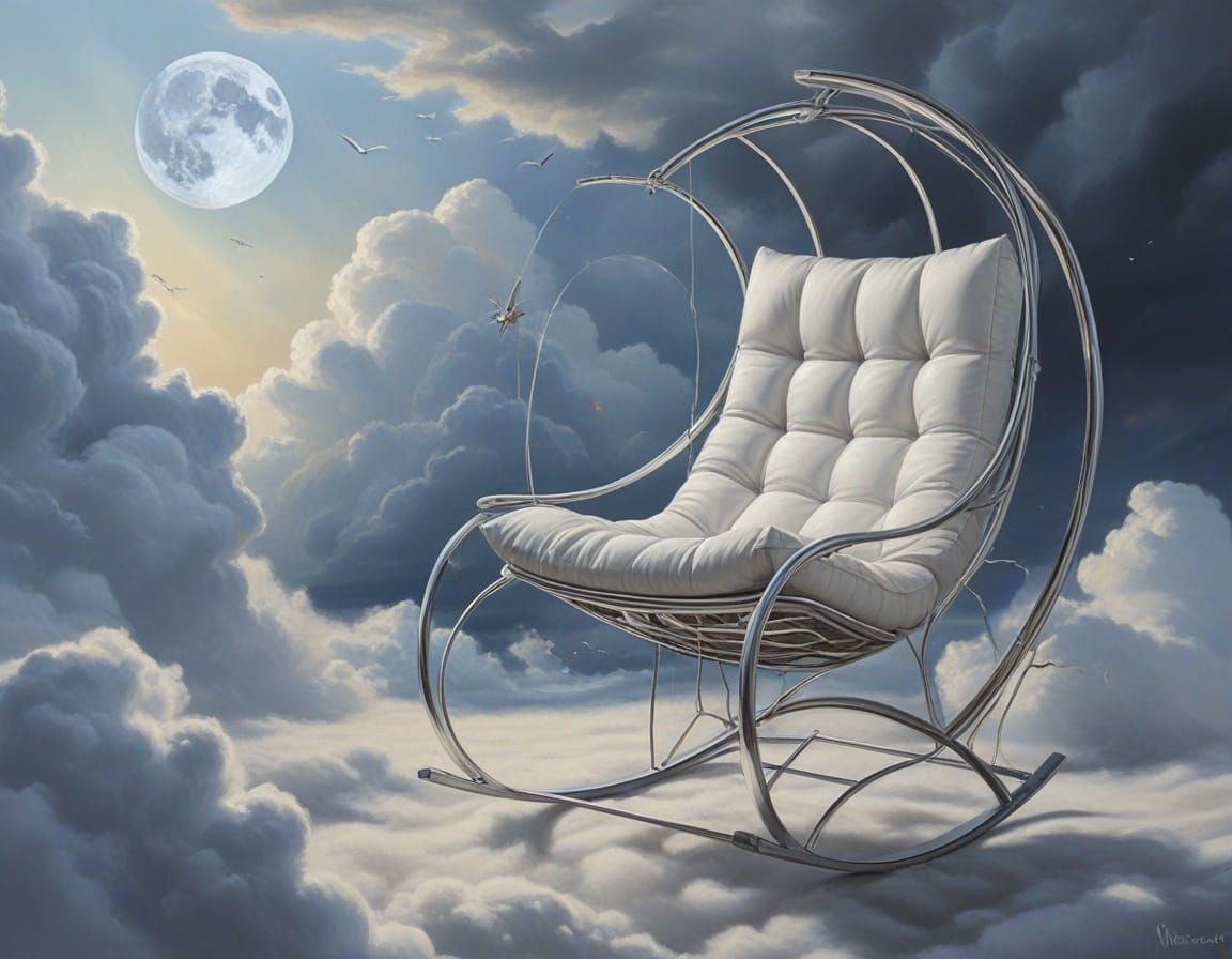 Chrome Rocking Chair Levitation in Whimsical Oil Painting