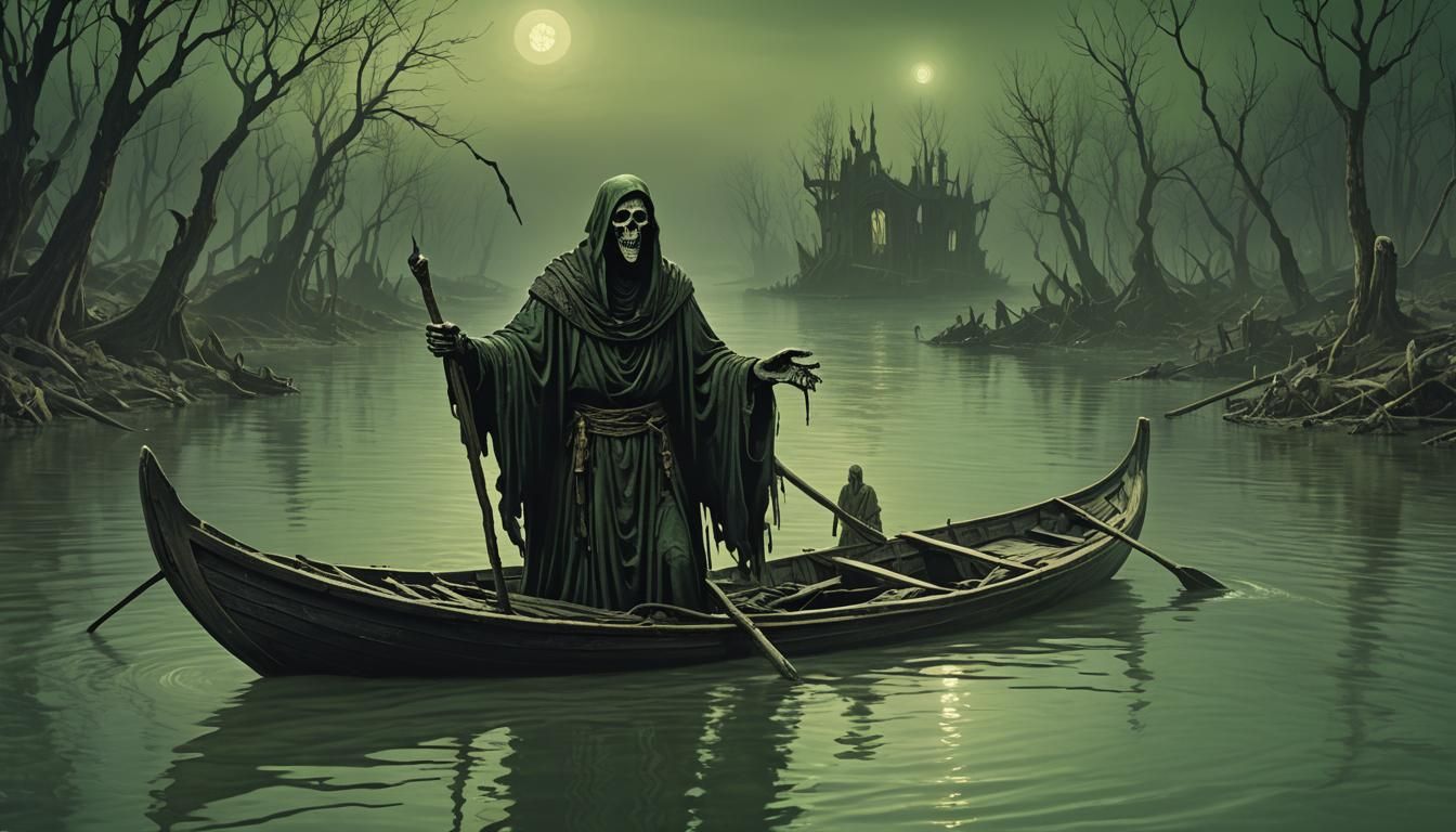 Haunting River Styx Scene with Ferryman Charon