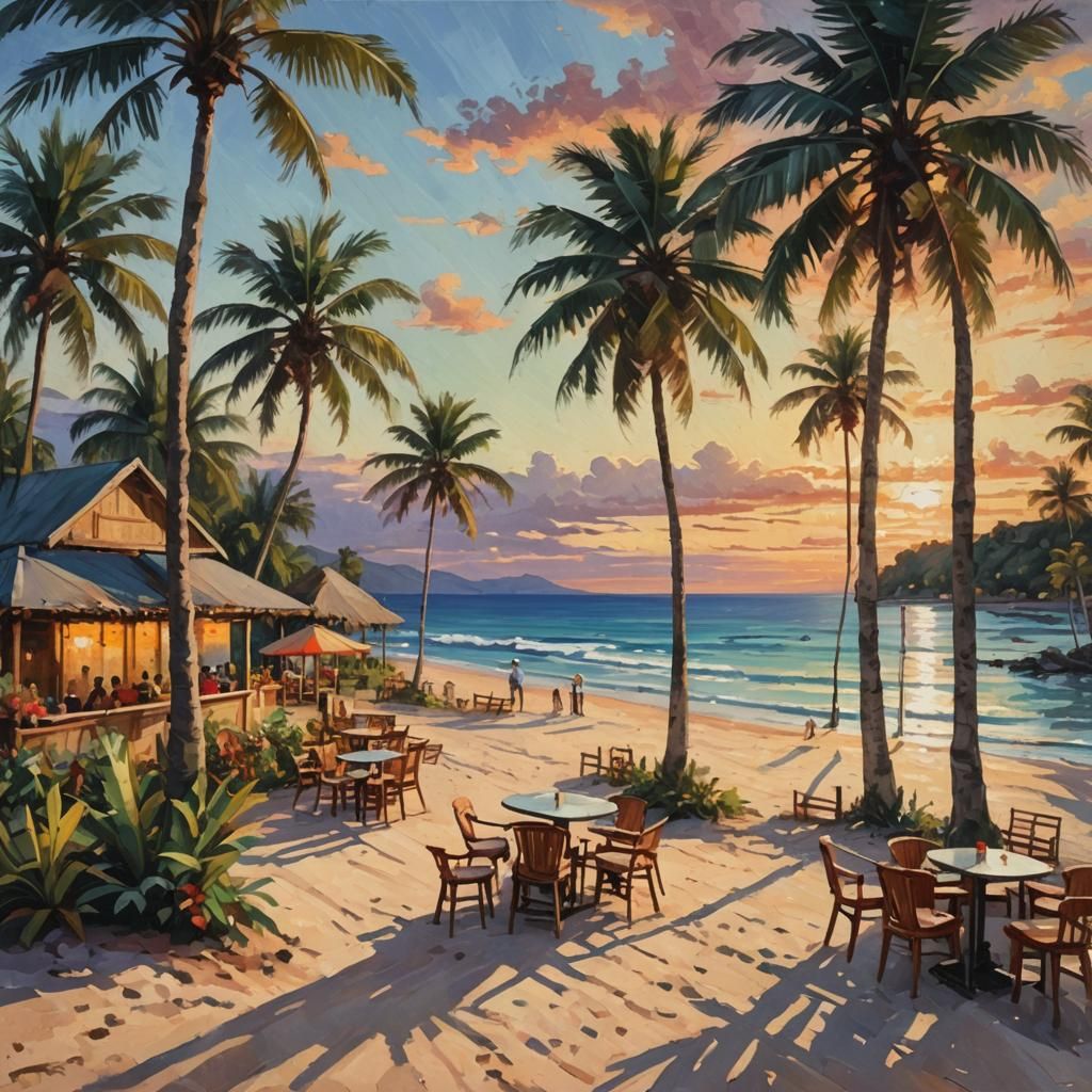 Tropical Beach Sunset in Post-Impressionistic Style