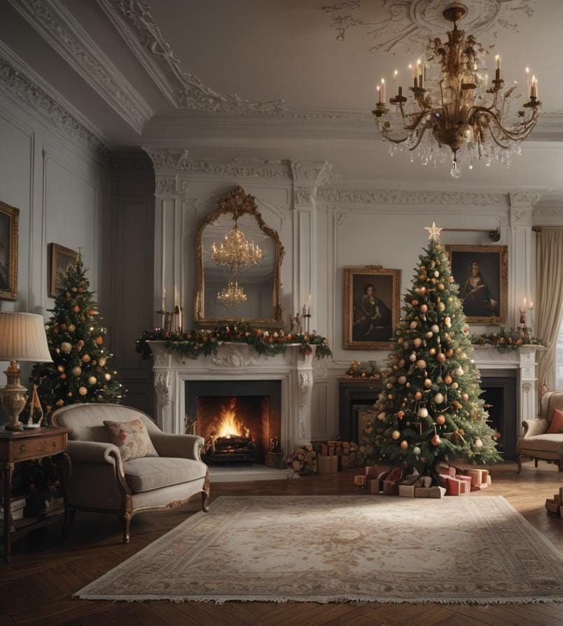 Festive Christmas Tree by Fireplace: Digital Matte Painting