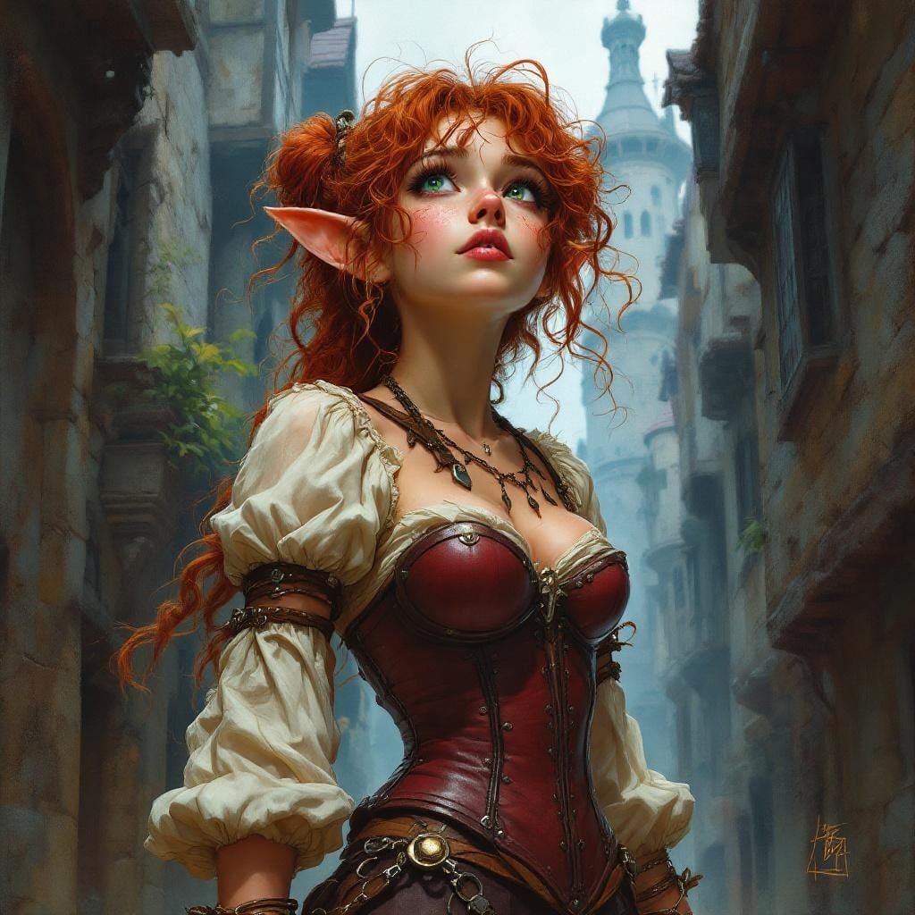 Halfling Adventurer in Medieval Alley, Hyperrealistic Painti...
