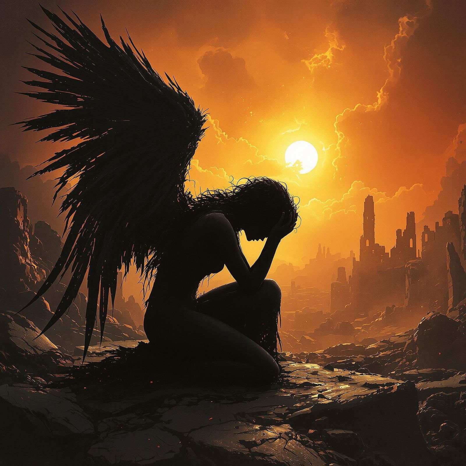 Fallen Angel's Haunting Silhouette of Despair