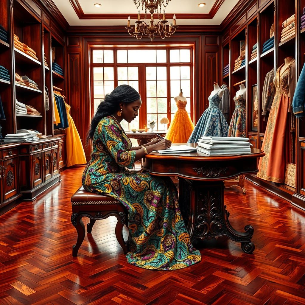Elegant African Fashion Designer in Mahogany Luxury Boutique