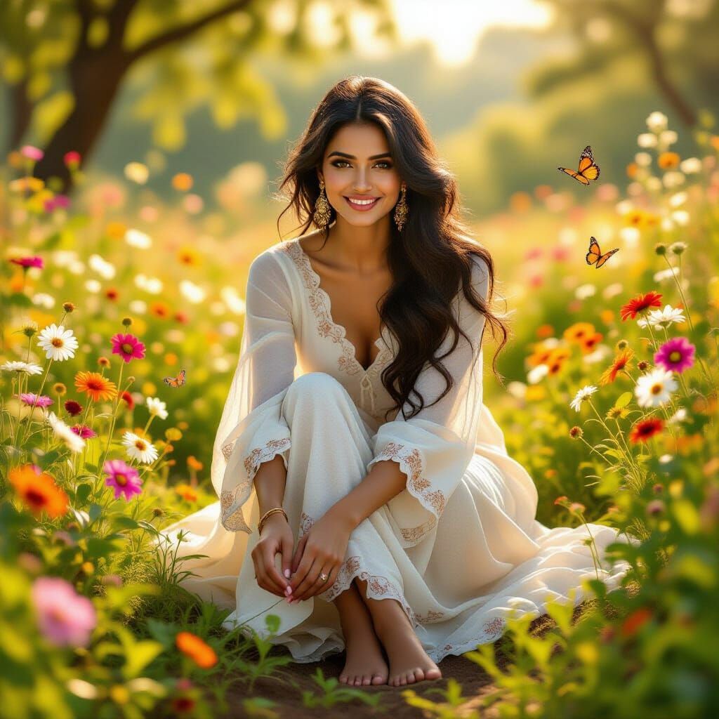 Indian Woman tending Garden in Hyperrealistic Style