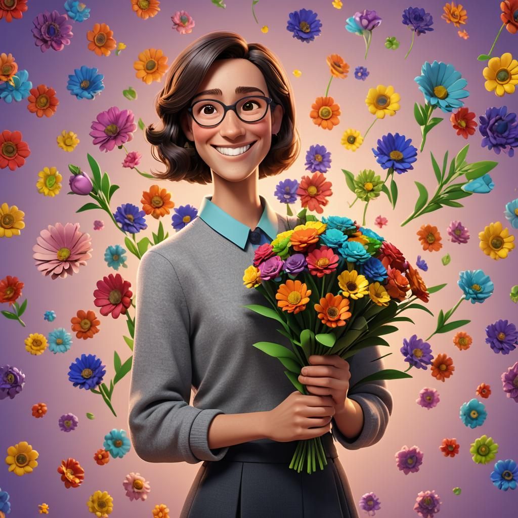 Happy Teacher with Flowers: Pixar-Style 3D Render