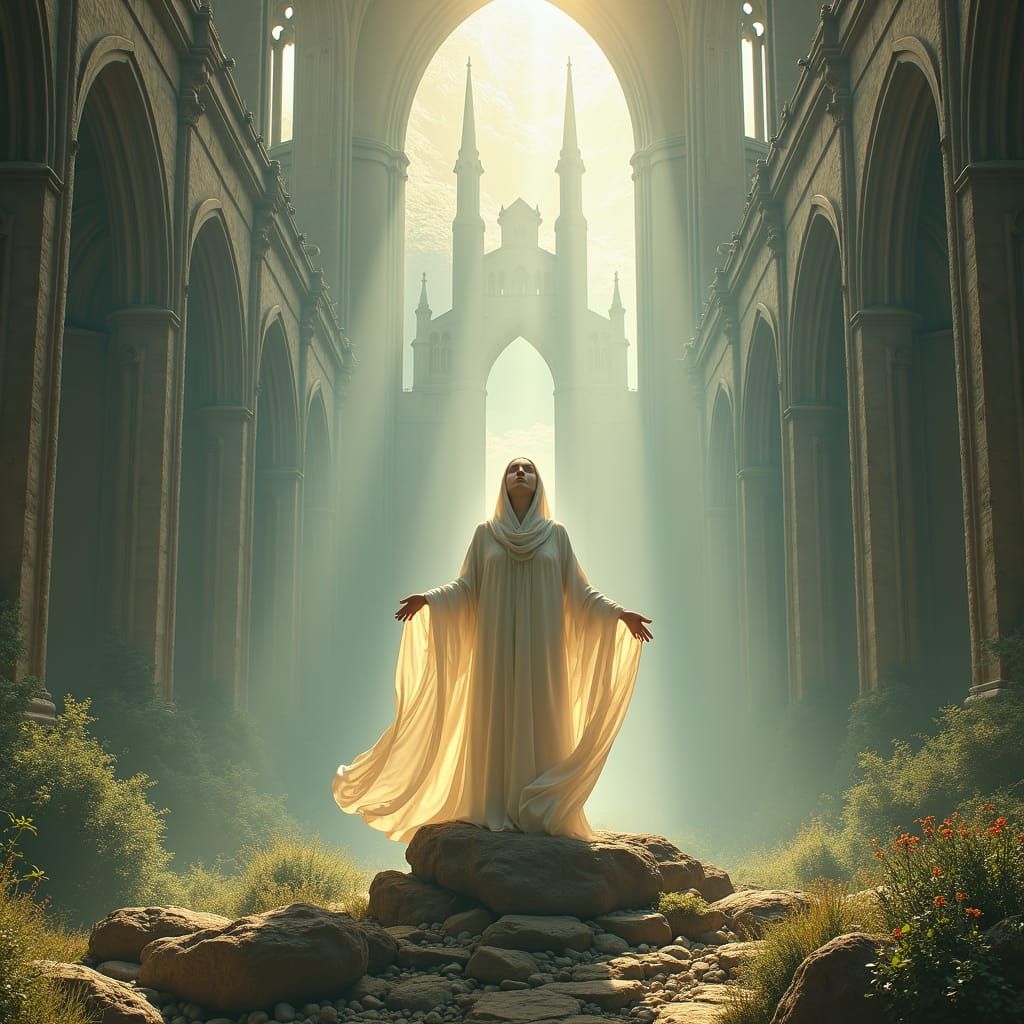 Woman Praying in Cathedral: Radiant Baroque Art