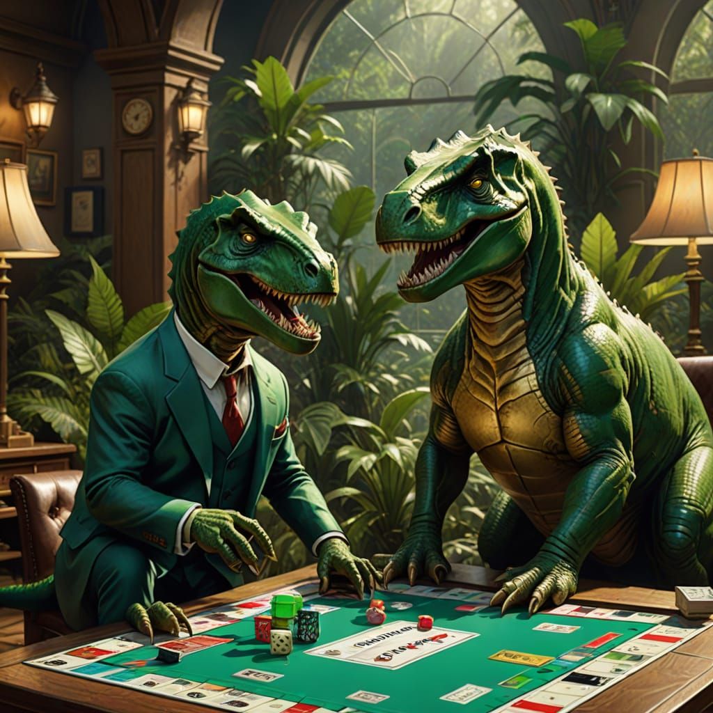 Tyrannosaurs Play Monopoly in Lush Jungle
