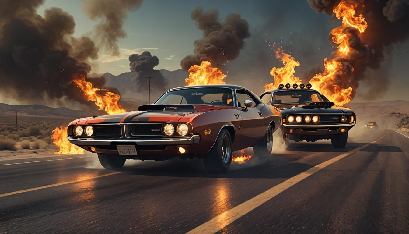 Retro-Futuristic Dodge Challengers Speeding on Highway