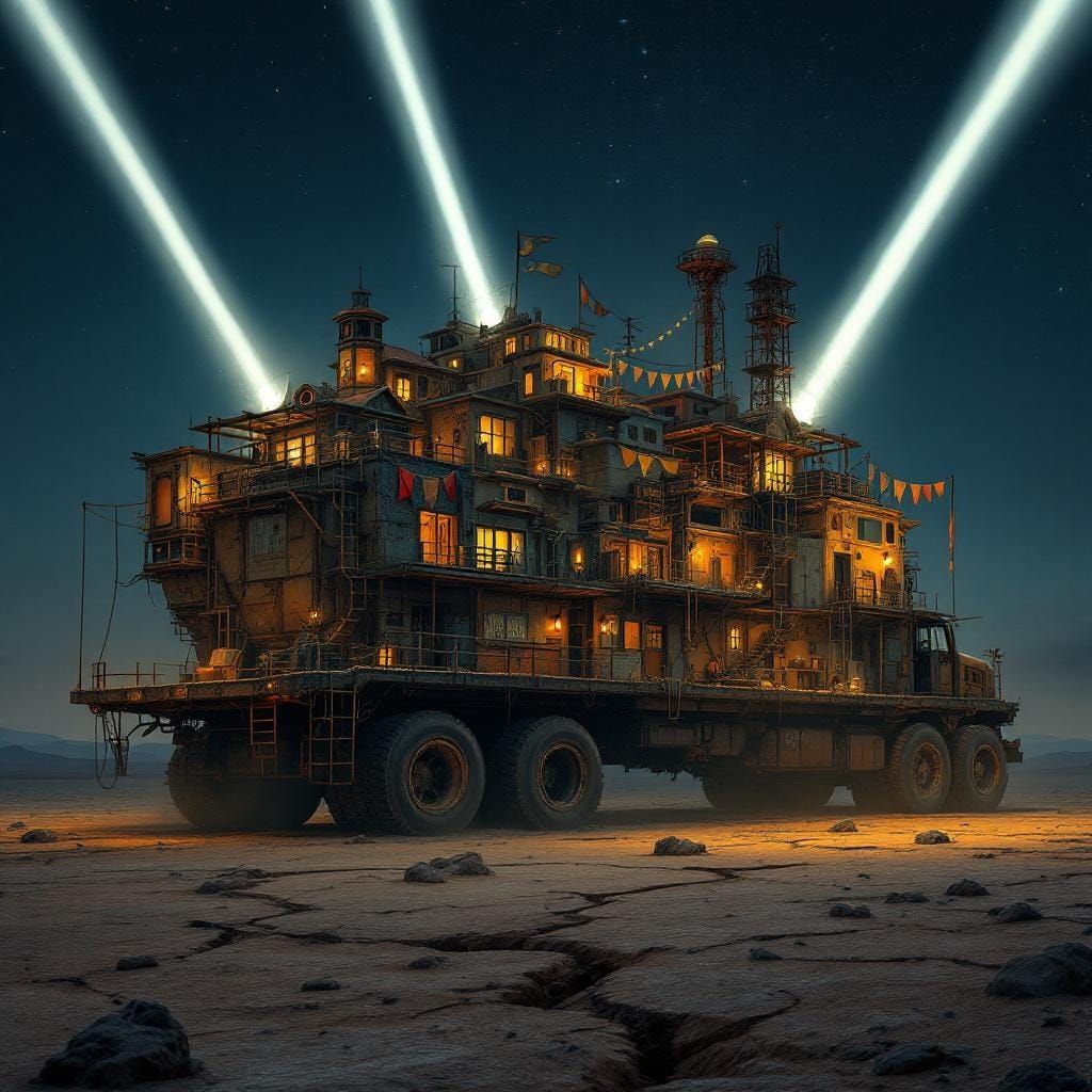 Post-Collapse Desert Truck Village at Night