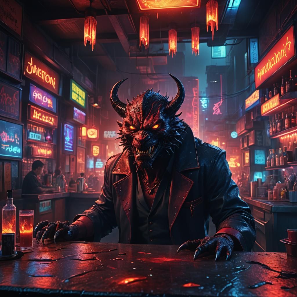 Demonic Barman Illuminates Modern City Nightscape in Waterco...