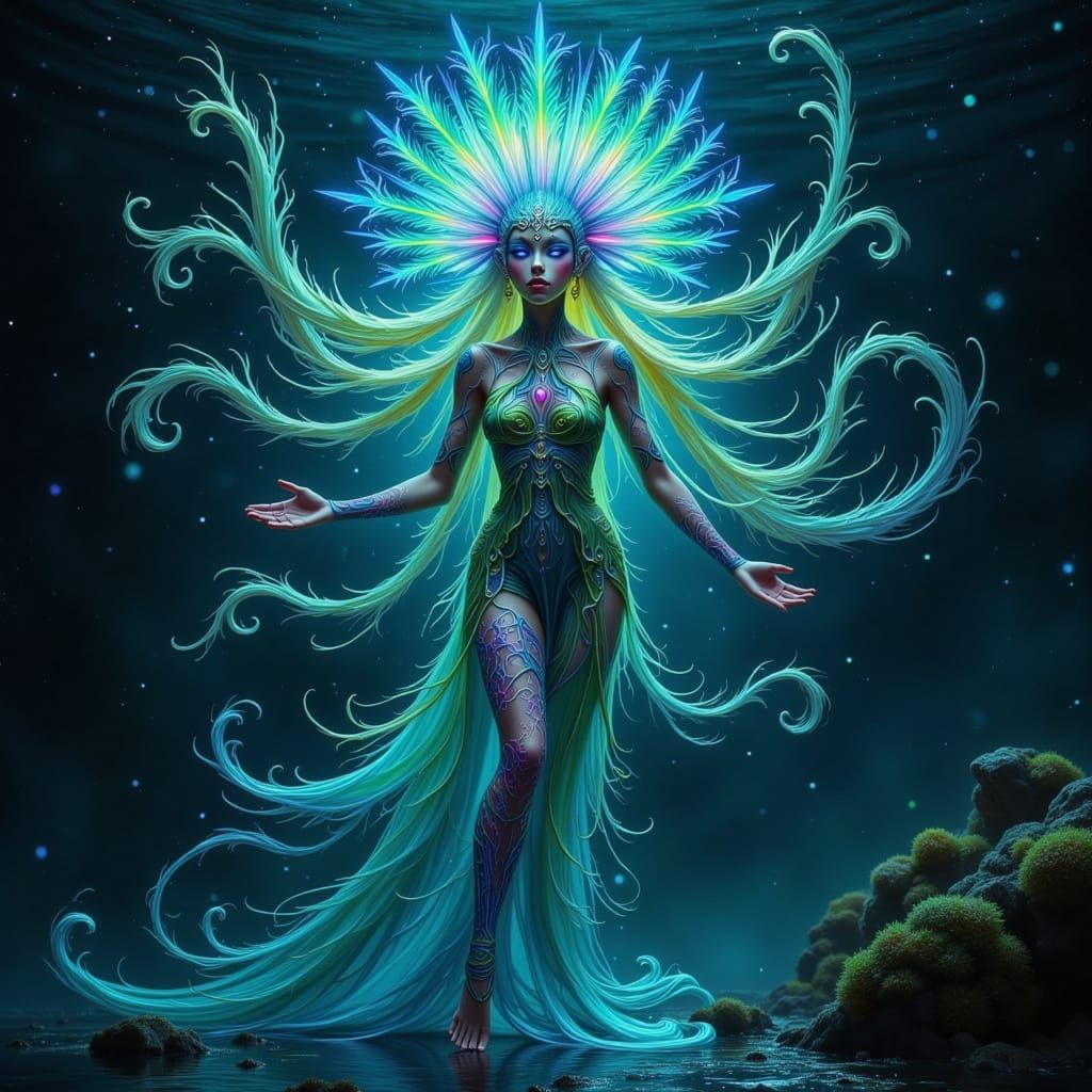 Ethereal Oceanic Entity in Dark Glitch Aesthetic