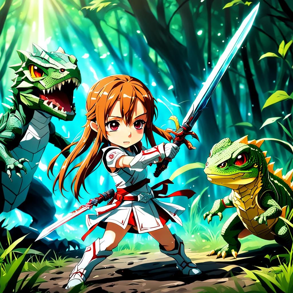 Asuna Battles Lizard Beast in Anime Manga Style