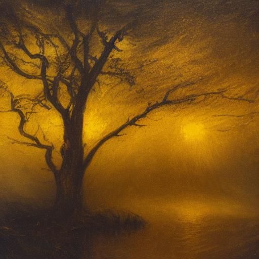 Ethereal Tree in Glowing Rain, Romantic Era Style